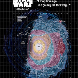 May include: A Star Wars Galaxy Map poster showing a detailed galactic map with regions in blue, purple, and yellow. The poster includes the Star Wars logo and the phrase "A long time ago in a galaxy far, far away...."