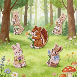 Parche bordado autoadhesivo de conejo y ardilla, lindo parche termoadhesivo de animales del bosque, aplique de conejo con flores para decorar ropa y bolsos, 5 diseños.