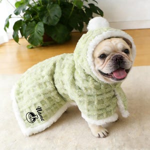 Könnte beinhalten: Ein hellgrüner Hundemantel mit Kapuze und weißem Besatz, getragen von einer Französischen Bulldogge. Der Mantel hat ein strukturiertes Waffelmuster und einen weißen Bommel auf der Kapuze. Auf dem Mantel steht das Wort "Name".
