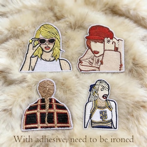 May include: Four embroidered patches featuring stylized portraits. One patch shows a blonde woman wearing sunglasses, another a woman in a red hat, a third with a braided hairstyle, and the last a cheerleader. Text at the bottom reads: With adhesive, need to be ironed.