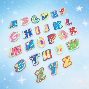 May include: A collection of colorful, embroidered alphabet patches. Each letter is a unique design with bright colors and a playful font. The patches are arranged on a light blue background with star accents.