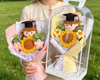 Abschluss-Sonnenblumen-Blumenstrauß-häkeln, handgemachtes strickblumenplüsch, einzigartiges Abschlussgeschenk für Mädchen-Jungen, personalisierte Mitteilungskarten-Geschenk