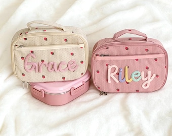 Bolsa de almuerzo de pana bordada con nombre personalizado Lonchera térmica con forma de fresa Bolso de pana personalizado Regalo para la vuelta al cole Regalo para ella