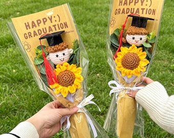 Personalized Crochet Sunflower Bouquet, Handmade Grad Doll Flower Arrangement, Graduation Gift, Cute Grad Gift for Friends, Unique Grad Gift