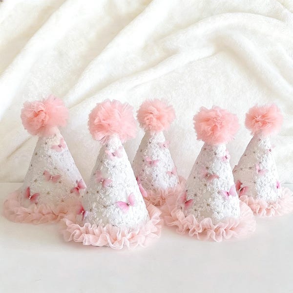 Roze vlinder kant verjaardagshoedje Meisje eerste verjaardag hoedje Tule pom pom feesthoedje Peuter fotorekwisiet Decor babyshower Feestdecoraties