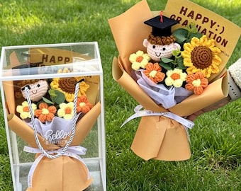 Cute Grad Sunflower Knit Bouquet, Handmade Crochet Flower with Grad Doll, Thoughtful Present for Her, Knit Flower Graduation & Birthday Gift