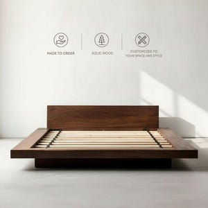 Cama plataforma de madera maciza a medida / Estructura flotante minimalista Japandi de madera dura (Hecha a medida)