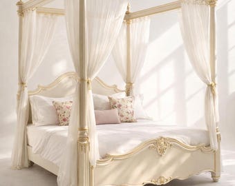 Luxus Französisches Himmelbett | Handgeschnitztes Himmelbett aus Elfenbeinholz (Queen / King)