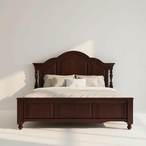 May include: A dark brown wooden bed frame with a curved headboard and footboard. The bed has a classic design with paneled details and decorative posts. The bedding includes pillows and a white duvet.