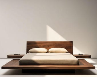 Schwimmende Plattformbett mit angebrachten Nachttischen | Handgefertigtes Designer Bett | Kundenspezifische Größen verfügbar