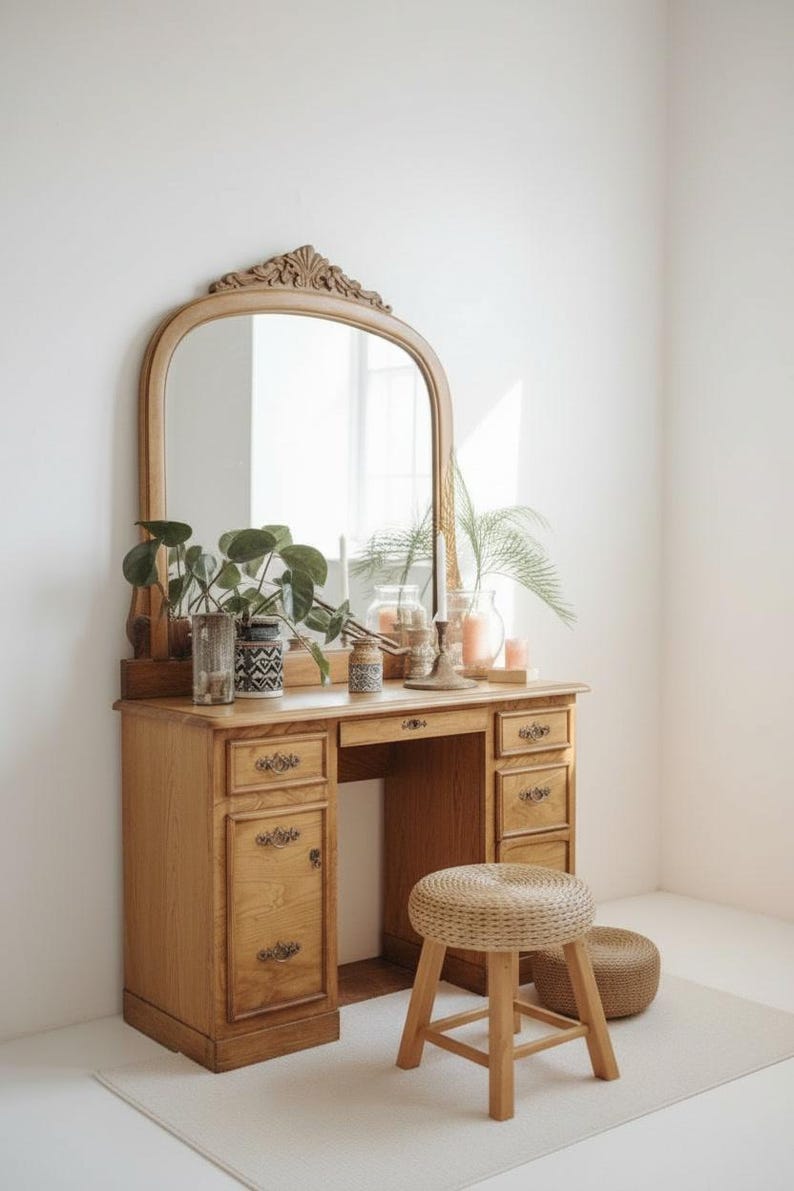 May include: A vintage wooden vanity with a large arched mirror, drawers, and a stool. The vanity is made of light-colored wood and has ornate detailing. The stool is woven with a natural fiber. Decorative items, including plants and candles, are on the vanity.