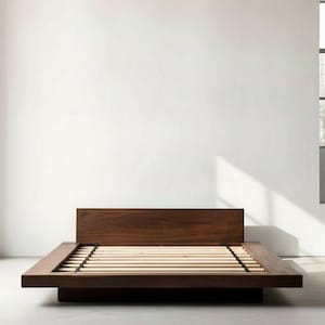 Massivträplattformsäng | Japandi minimalistisk flytande lövträram