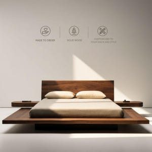 Cama flotante con mesitas de noche / Cama de diseño hecha a mano / Tamaños personalizados disponibles
