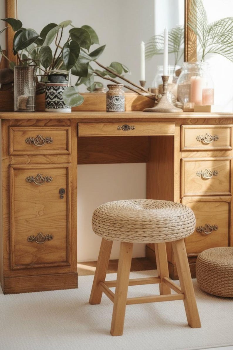 May include: A wooden vanity with drawers and a mirror, featuring a woven stool. The vanity has ornate drawer pulls and is adorned with decorative vases and plants. The stool has a round, woven seat and wooden legs.