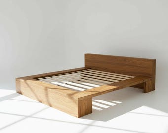 Massief mangohouten platformbed – Japandi rustiek frame met laag profiel