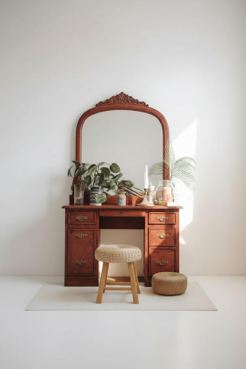 May include: A vintage wooden vanity with a large arched mirror, drawers, and a small stool. The vanity is a warm brown color, and the mirror has an ornate carved top. The stool is made of woven material and wood. Decorative plants and candles are on the vanity.