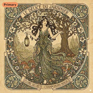 Peut inclure: Illustration de style Art nouveau représentant une femme en robe verte tenant une lanterne. Le texte "LE DÉLICE DU JARDINIER" et "FLORE SECRETE - CHAMPIGNONS MAGICES" est inclus. La femme est entourée de champignons, d'arbres et d'éléments floraux.