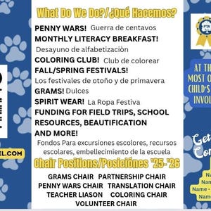 May include: A blue flyer with paw prints and text promoting the JC Mitchell PTA. It lists activities like Penny Wars, Literacy Breakfast, and Coloring Club. Includes a QR code, contact info, and a quote about parental involvement.