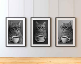 Whimsical Cat Coffee Art Prints: Funny Orange Cat with Glasses (Digital Download)