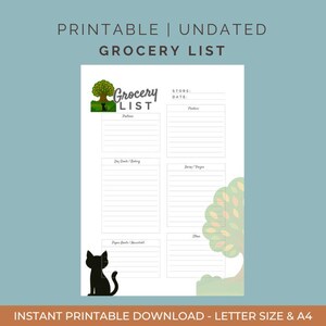 Pode incluir: Uma lista de compras imprimível e sem data com seções para produtos, laticínios e outros itens. O design inclui um gráfico de árvore e uma silhueta de gato preto. O texto na parte superior diz "PRINTABLE | UNDATED GROCERY LIST".