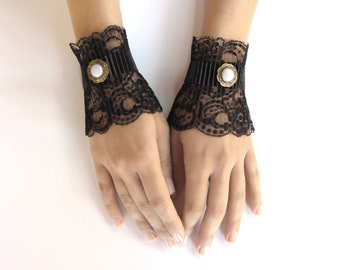 Black lace gloves lace mittens black short cuffs