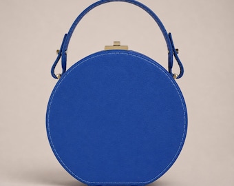 Colette Hatbox | Italian Pebble Leather Round Handbag, Cobalt Blue Satchel