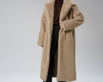Beige Faux Fur Coat – Oversized Luxury Winter Coat, Old Money Style Outerwear for Women, Women's Fluffy Long Wrap, XS-S-M-L-XL