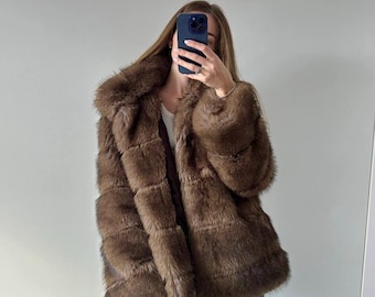 Brown Faux Sable Fur Coat, Chocolate Vegan Jacket, Short Women Belted Coat, Horizontal Faux Fur