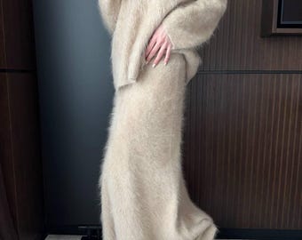 Fluffy Knit Two Piece Set, Wool Cashmere Maxi Skirt & Oversized Sweater, Cozy Winter Loungewear, Quiet Luxury Outfit