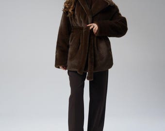 Chocolate Brown Faux Fur Coat – Oversized Luxury Winter Coat, Old Money Style Outerwear for Women, Women's Fluffy Short Wrap, XS-S-M-L-XL