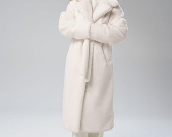 White Faux Fur Coat, Luxury Vegan Fur, Long Teddy Jacket, Chic Winter Outerwear for Women, Elegant Minimalist Overcoat