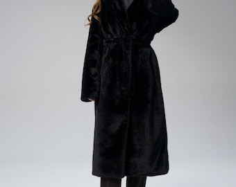 Black Faux Fur Coat, Luxury Vegan Fur, Long Teddy Jacket, Chic Winter Outerwear for Women, Elegant Minimalist Overcoat