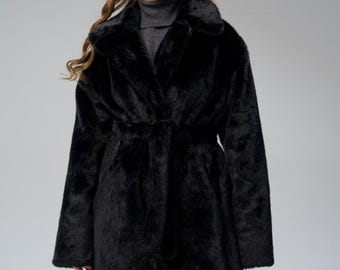 Black Faux Fur Coat – Oversized Luxury Winter Coat, Old Money Style Outerwear for Women, Women's Fluffy Long Wrap, XS-S-M-L-X