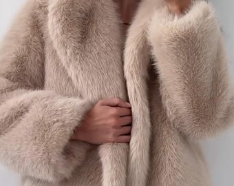Carmel Shaggy Fur, Sand, Beige Fur Coat, Fluffy Jacket, Furry, 100