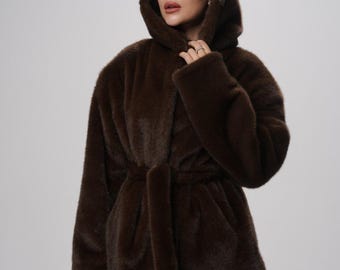 Hooded Short Faux Mink Fur Coat, Women Brown Cropped Winter Jacket, Warm Vegan Fur Coat with Belt, Chocolate Brown Eco Fur