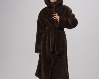 Long Faux Mink Fur Coat with Hood, Warm Winter Jacket Women, Chocolate Brown Eco Fur, Belted Eco Fur Coat