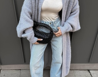 Gray Long Alpaca Wool Cardigan, Maxi Oversized Knit Coat, Belted Chunky Sweater Jacket, Warm Outerwear, Women Coatigan