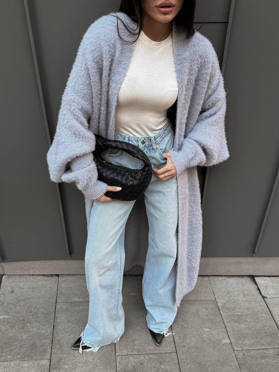 Gray Long Alpaca Wool Cardigan, Maxi Oversized Knit Coat, Belted