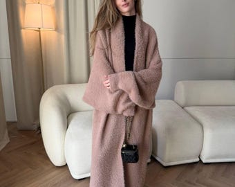 Lange flauschige Alpaka-Strickjacke, dicker Maxi-Pullovermantel Damen, übergroßer warmer Strickmantel, eleganter Grobstrick, Winteroberbekleidung