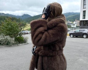 Brown Faux Fur Coat Women, Chocolate Fox Jacket, Belted Winter