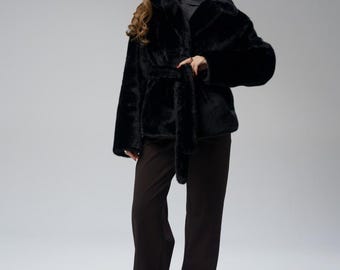 Winter Fur Coat for Women | Handmade Minimalist Style | Oversized Luxury Fur Jacket | Black Faux Fur Jacket