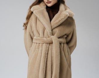 Carmel Shaggy Fur, Sand, Beige Fur Coat, Fluffy Jacket, Furry, 100