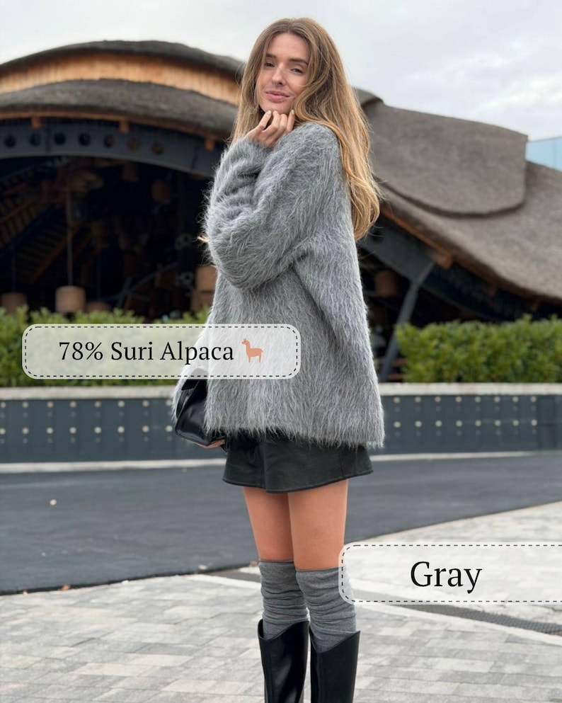 Jersey de alpaca Suri color marrón chocolate, jersey de punto esponjoso extragrande, jersey de lana suave que no pica, regalo minimalista de lujo para ella, cálido y acogedor. imagen 12