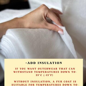 May include: A hand holding a section of white, fluffy insulation material. Text on a yellow background reads: "+ ADD INSULATION. If you want outerwear that can withstand temperatures down to -25&deg;C (-13&deg;F)."