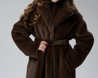 Vintage Faux Fur Coat Jacket Brown Dark Chocolate Bell Sleeves Mob