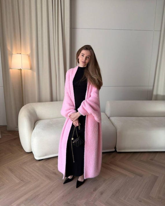 Pink Knit Long Coat Amber Zara Pink Coat 2021 ZARA HOT PINK FUSHCIA KNIT Long COAT WITH SCARF  STYLE COLLAR XS