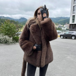 Brown Faux Fur Coat Women, Chocolate Fox Jacket, Belted Winter Vegan Fur, Warm Fluffy Oversized Outerwear