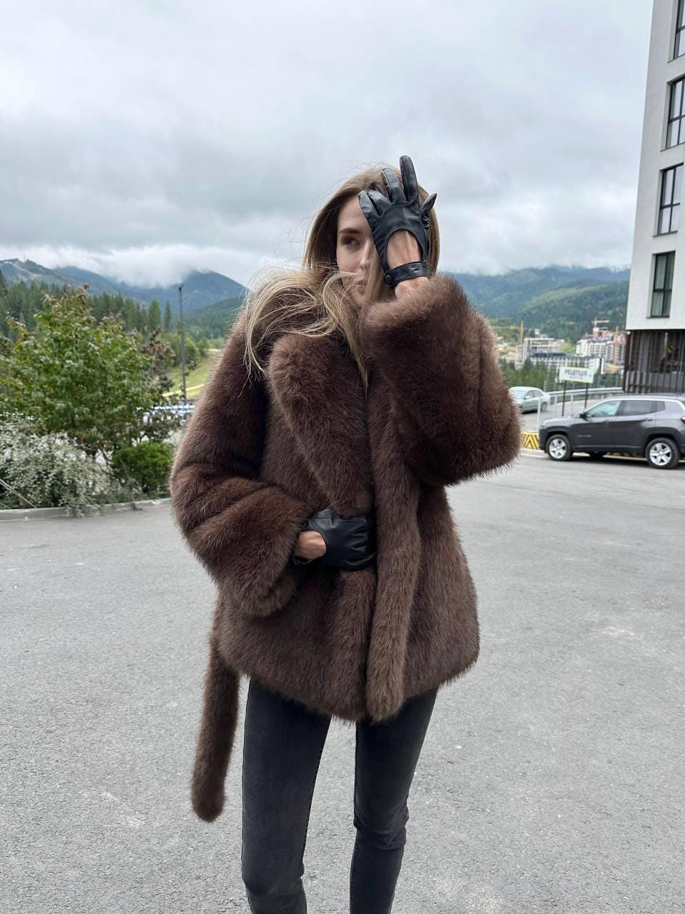 Brown Faux Fur Coat Women, Chocolate Fox Jacket, Belted Winter