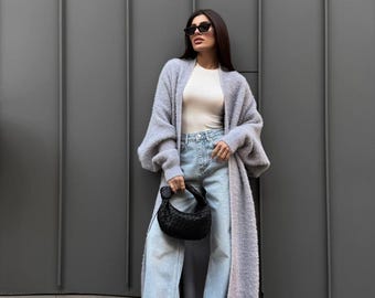Gray Long Alpaca Wool Cardigan, Maxi Oversized Knit Coat, Belted