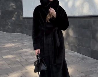 Faux Mink Fur Coat with Hood, Long Black Vegan Fur Jacket, Maxi Eco Fur Overcoat with Belt, Luxury Winter Coat for Women, Diagonal Fur Coat